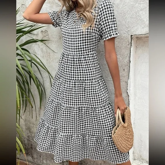 Classic Gingham Plaid Puff Sleeve Ruffle Hem Dress - Picture 3 of 6